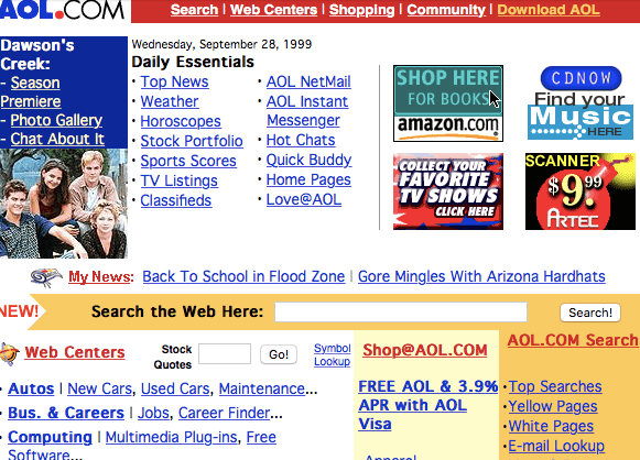 AOL landing page from 1999, comprised of mostly low-resolution graphic ads and blue underlined links to different parts of the web