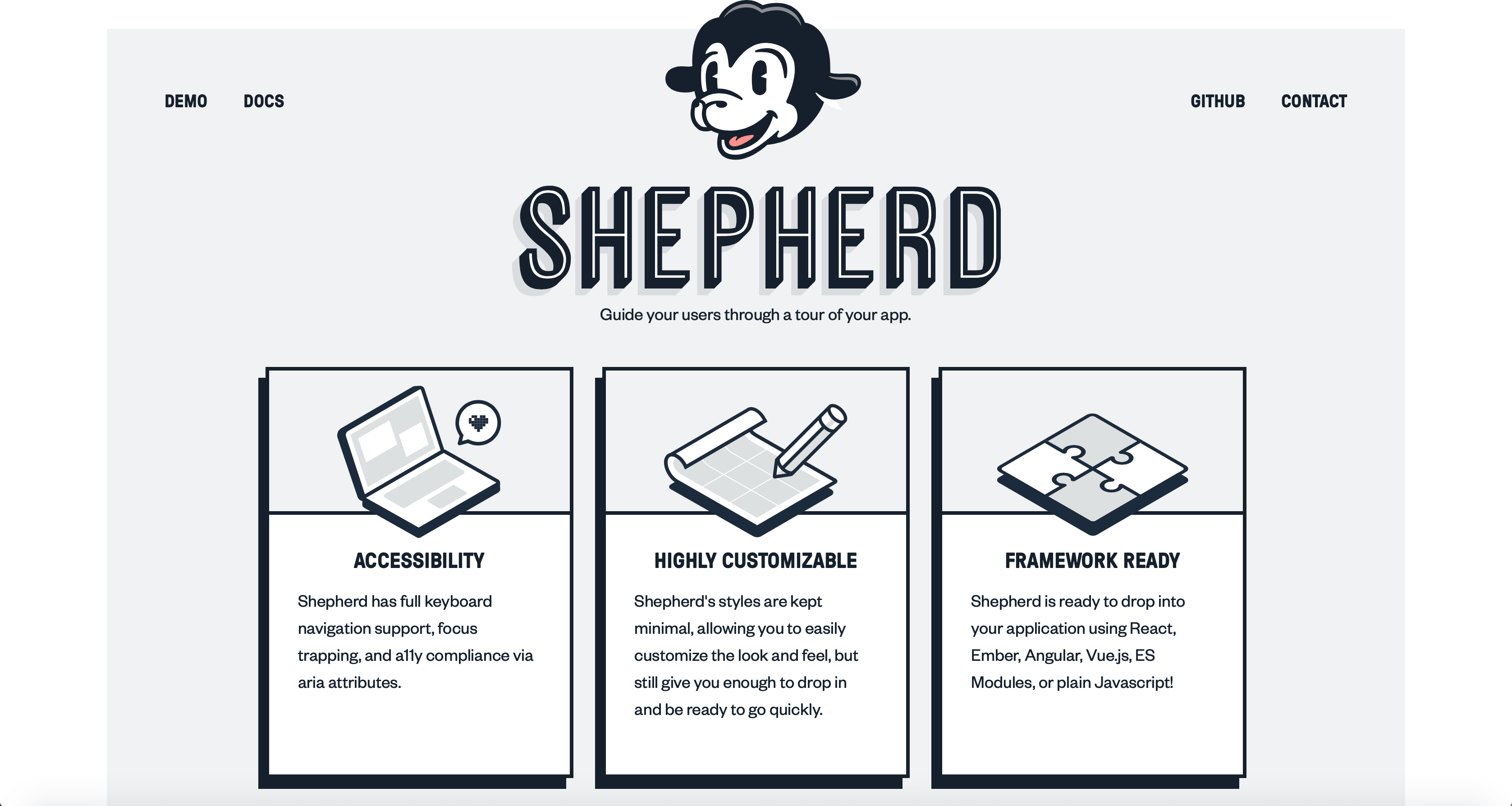Screenshot of the shepherd.js homepage showing the features of the library.